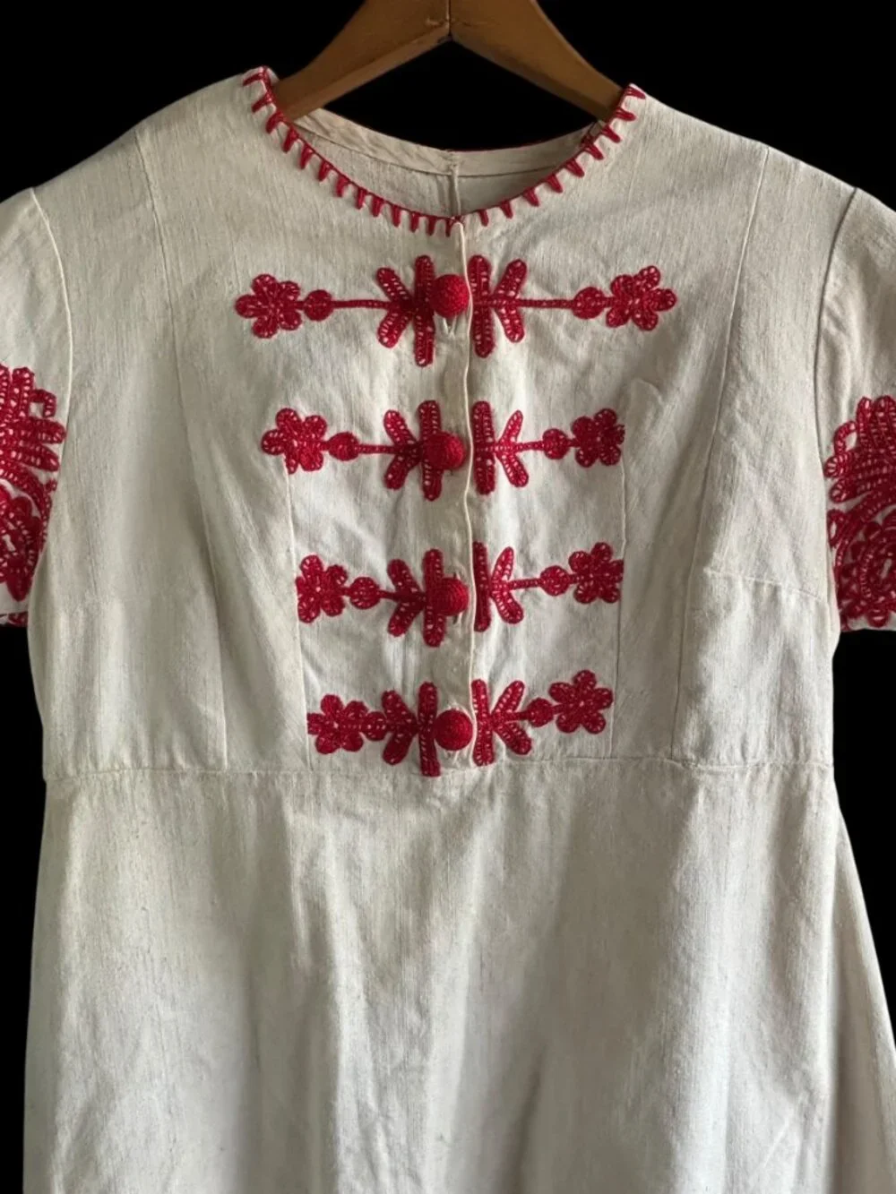 Vintage White Linen Handmade Embroidered Hungarian Folk Style Dress